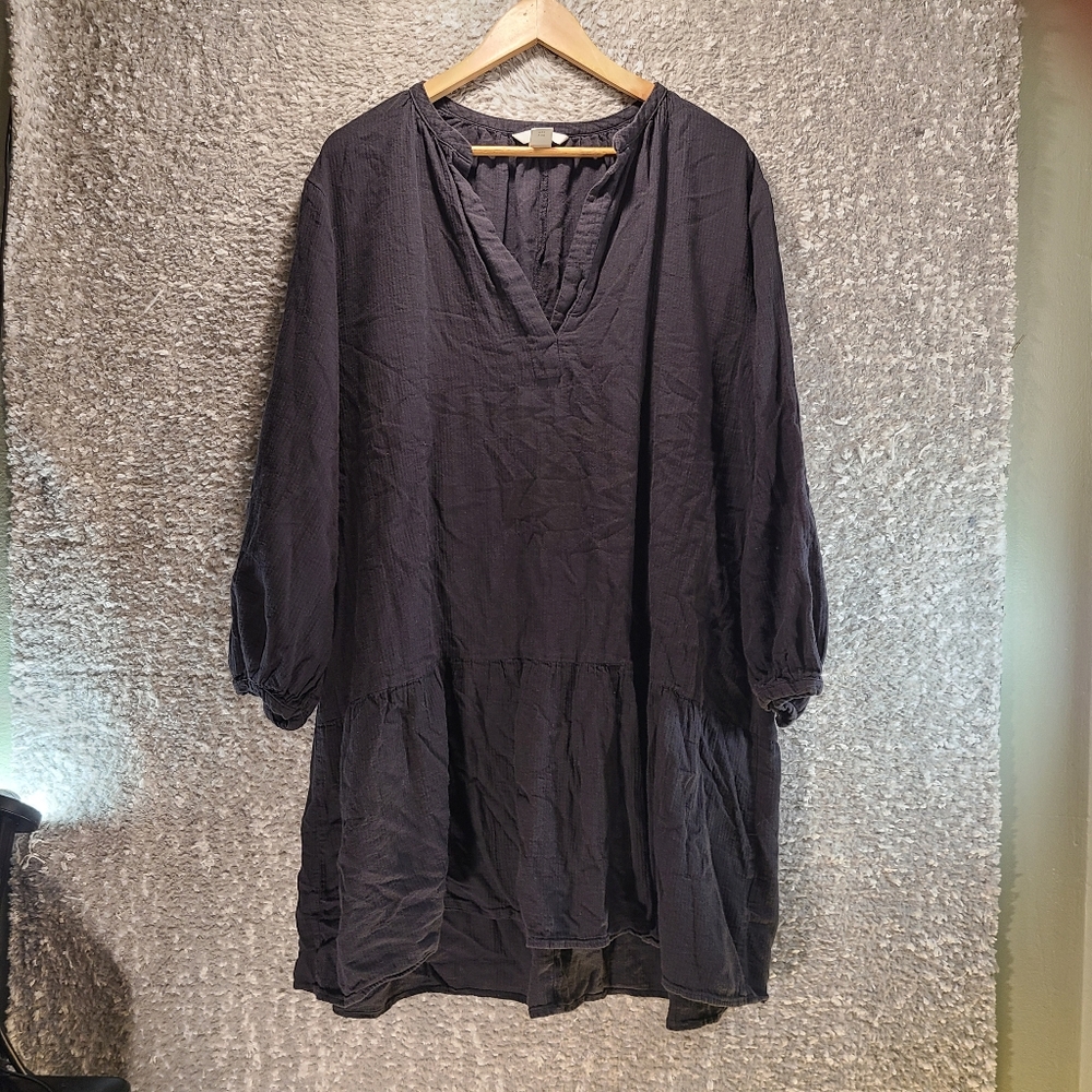 H&M Dress Women's L Black V-Neck Ballon Sleeve Tiered Gauzy Boho Peasant
